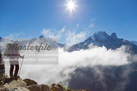 Europe, France, Haute Savoie, Rhone Alps, Chamonix, hiker above Chamonix valley (MR)