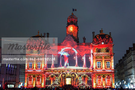 Europe, France, Rhone-Alpes, Lyon, Fete des Lumieres, festival of lights, Hotel de Ville - city hall, Unesco