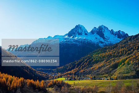 Europe, France, Haute Savoie, Rhone Alps, Chamonix,  Le Tour, autumn landscape below Aiguilles Rouges