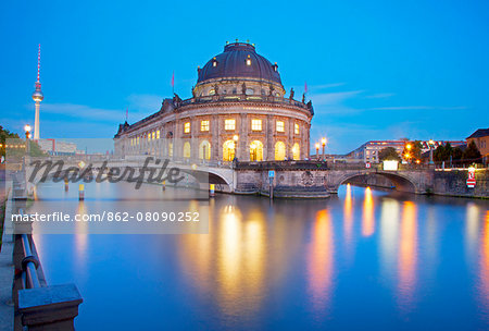 Germany, Berlin. The Bode Museum with reflections on the river. UNESCO.