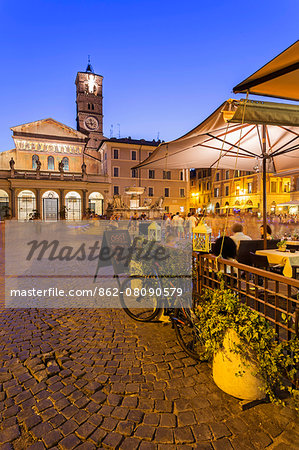 Italy, Italia. Latium, Lazio. Roma district. Rome, Roma. Trastevere. Santa Maria in Trastevere at night.