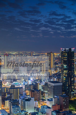 View of Osaka at dusk, Kansai, Japan