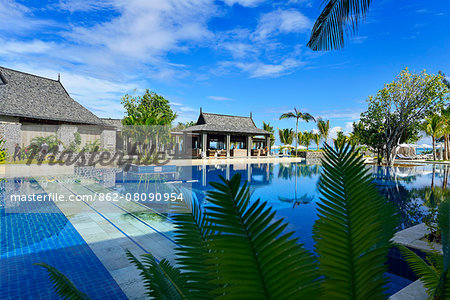 Swimming pool of a luxury hotel on the Le Morne Peninsula,  Mauritius, Indian Ocean