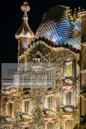 Close-up view of the facade of Casa Batllo by Antoni Gaudi at night, Barcelona, Catalonia, Spain