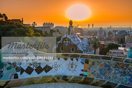 Sunrise at Park Guell or Parc Guell with city skyline in the background, Barcelona, Catalonia, Spain