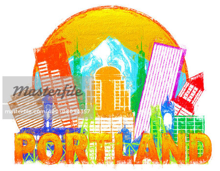 Portland Oregon Outline Silhouette with City Skyline Downtown Circle Color Text Isolated on White Background Impressionist Illustration