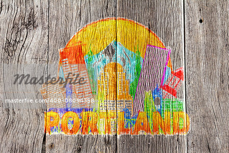 Portland Oregon Outline Silhouette with City Skyline Downtown Circle Color Text on Wood Background Impressionist Illustration