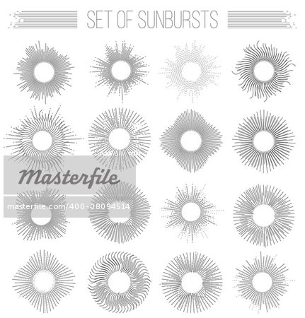 Set of sunbusrt geometric shapes stars and light ray. Vector illustration