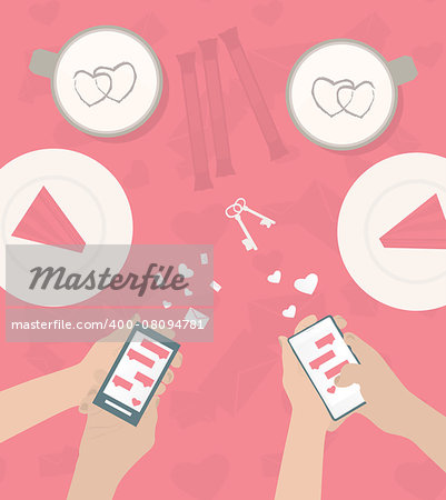 Human hand is sending love messages using cellphone wireless communications in cafeVvector illustration