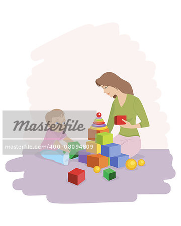 Vector illustration of a mom with son playing cubes
