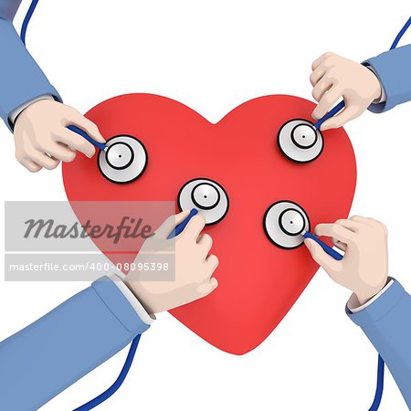 Illustration of a heart being checked by four doctors