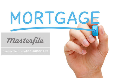 Hand writing Mortgage with blue marker on transparent wipe board.