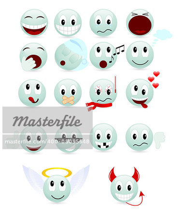 Set of green smiles. Vector illustration, isolated on a white.
