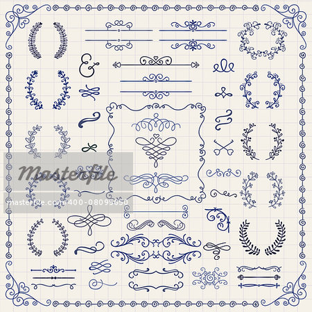 Decorative Vintage Colorful Hand Sketched Doodle Design Elements. Frames, Dividers, Swirls, Branches, Borders. Pen Drawing Vector Illustration