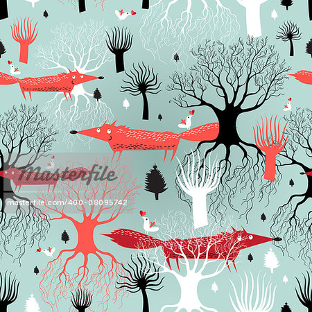 graphic pattern of birds and red foxes in the woods