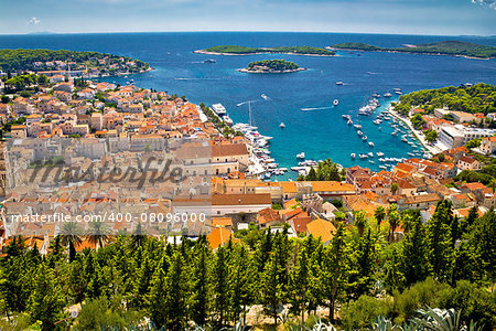 Aerial view of Hvar rooftops and harbor, Dalmatia, Croatia