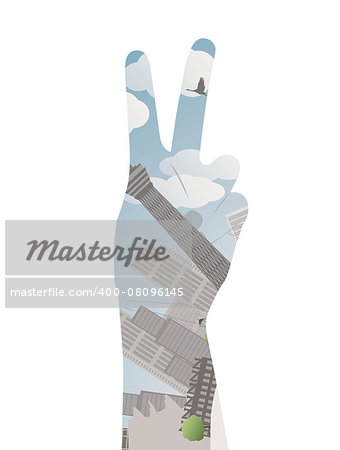 Vector illustration eps10 of a hand with victory sign Double exposure