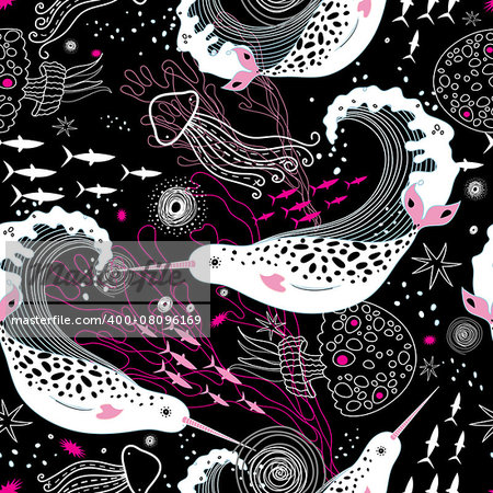 graphic pattern wonderful narwhals on the black background of the sea