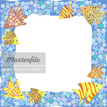 Frame with colorful cute cartoon fishes and bubbles