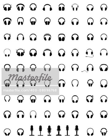 Black silhouettes of headphones and microphones