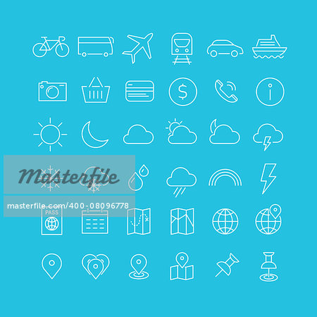 Vector set of modern inline thin icons of travel and tourism metaphors, set 1