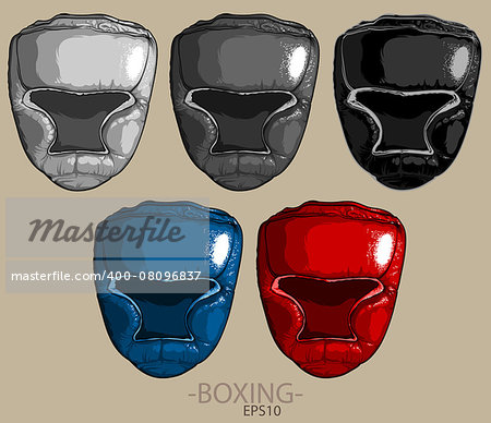 five boxing helmets of different color on a light background