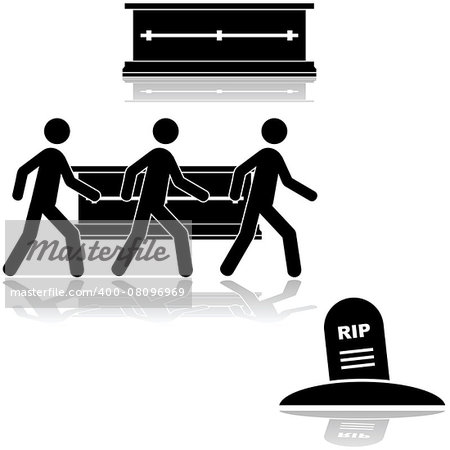 Icon set showing a casket and people carrying it to a burial site