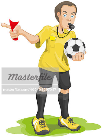 Soccer referee whistles and shows red card. Isolated illustration in vector format