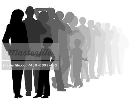 EPS8 editable vector cutout illustration of a long queue of people waiting patiently with all figures as separate objects