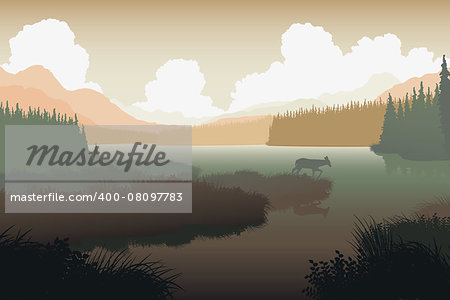 EPS8 editable vector illustration of a deer in a wild landscape with the animal as a separate object