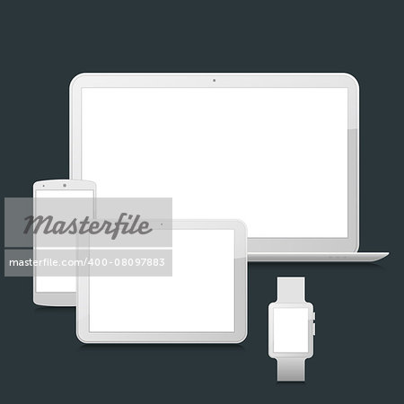 High-detailed modern blank laptop, tablet, smartphone and smart watch vector mock up on dark background