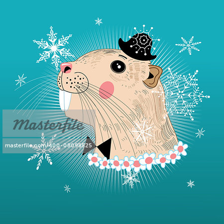 little beaver graphic hipster winter background with snowflakes