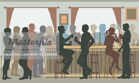 EPS8 editable vector cutout illustration of people drinking in a busy bar in daylight