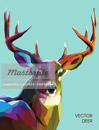 Colorful deer illustration.  Background with wild animal. Low poly deer with horns.