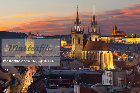Overview of the Historic Centre at sunset, Prague, Czech Republic, Europe