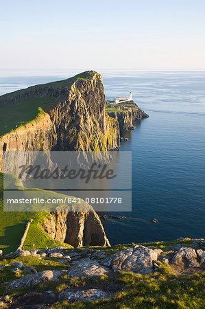 View to the clifftop lighthouse at Neist Point, near Glendale, Isle of Skye, Inner Hebrides, Highland, Scotland, United Kingdom, Europe