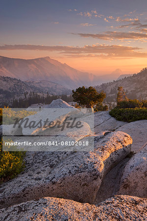 Sunset above Half Dome, viewed from Olmsted Point, in autumn, Yosemite National Park, UNESCO World Heritage Site, California, United States of America, North America