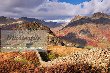 Drystone wall on Lingmoor Fell looking towards Side Pike and the Langdale Valley in autumn, Lake District National Park, Cumbria, England, United Kingdom, Europe