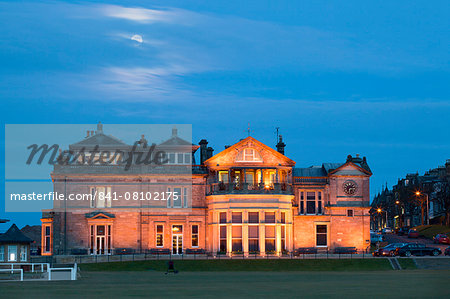 Moonrise over the Royal and Ancient Golf Club, St. Andrews, Fife, Scotland, United Kingdom, Europe