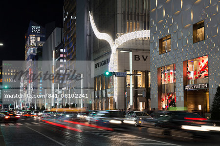 Exclusive designer shops at night, Ginza area, Chuo, Tokyo, Japan, Asia