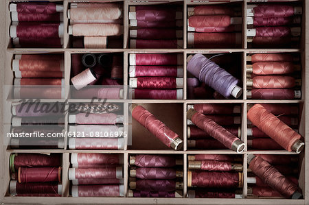 Reels of sewing threads in box, Bavaria, Germany Reels of sewing threads in box, Bavaria, Germany