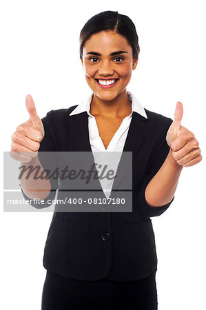 Young businesswoman showing double thumbs up to the camera