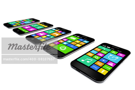 Black smartphones with a variety of software applications are on white background.