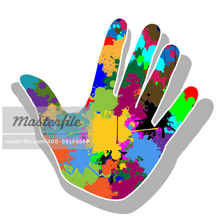 Illustration of colorful hand as a print on a white background.