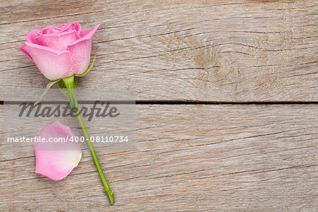 Pink rose flower and petal over wooden table with copy space