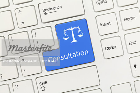 Close-up view on white conceptual keyboard - Consultation (blue key with law symbol)