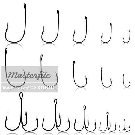 Illustration set of fishing hooks on a white background.