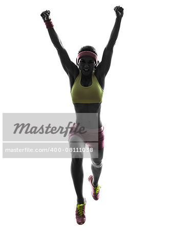 one  woman runner running jumping in silhouette on white background