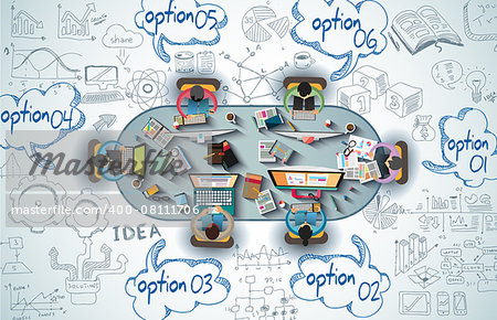 Infographics Teamwork with Business doodles Sketch background: infographics vector elements isolated, . It include lots of icons included graphs, stats, devices,laptops, clouds, concepts and so on.