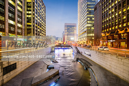 Seoul, South Korea cityscape at Cheonggye stream during twilight.